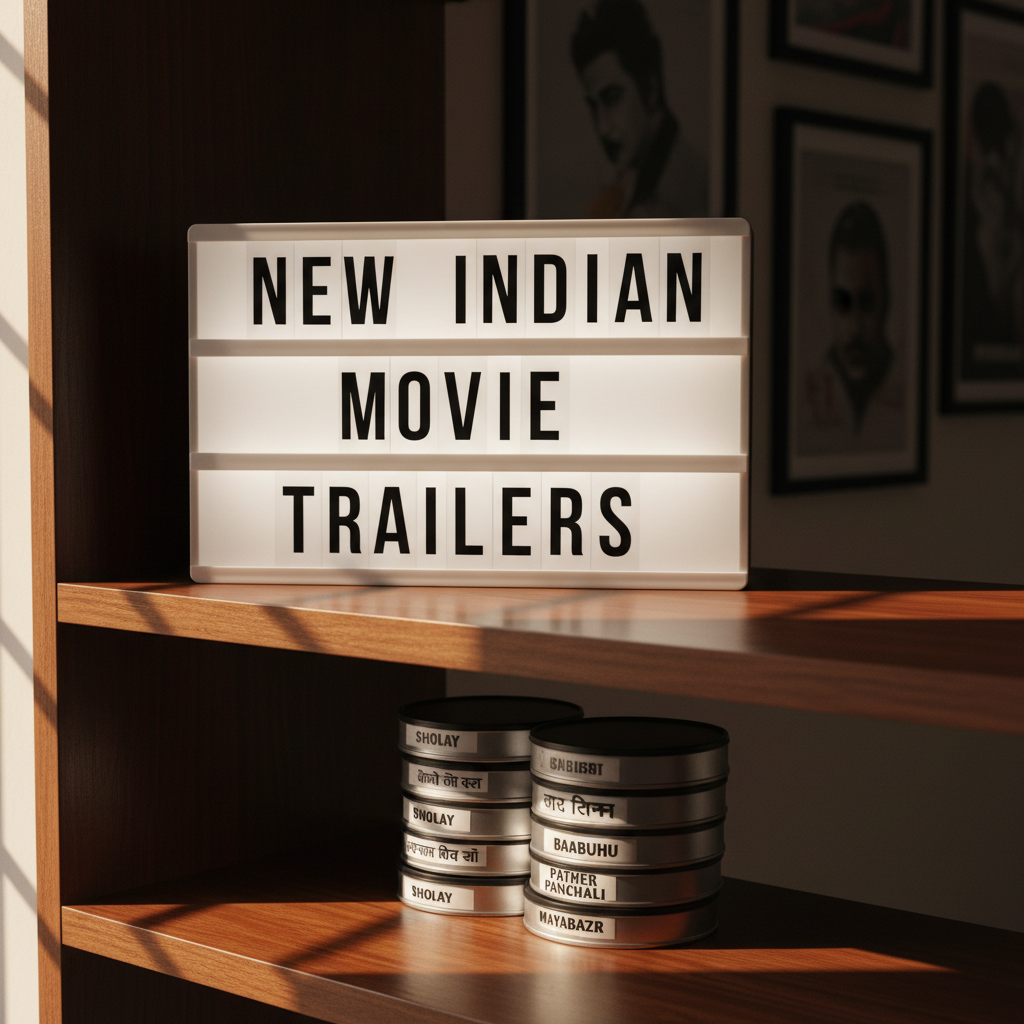 An elegant, backlit lightbox marquee with meticulously arranged interchangeable letters spelling out “New Indian Movie Trailers” in bold black type, set against frosted white panels. The marquee rests on a smooth, dark wooden shelf beside neatly stacked film canisters labeled with classic Hindi and regional film titles. Soft golden hour window light streams from the left, creating gentle, elongated shadows and a warm glow on the wood grain. The background fades into a subtle blur of framed minimalist film posters. Photographic realism, captured at a slightly elevated angle with balanced composition, evokes anticipation and professionalism, ideal for a trailers and previews section.