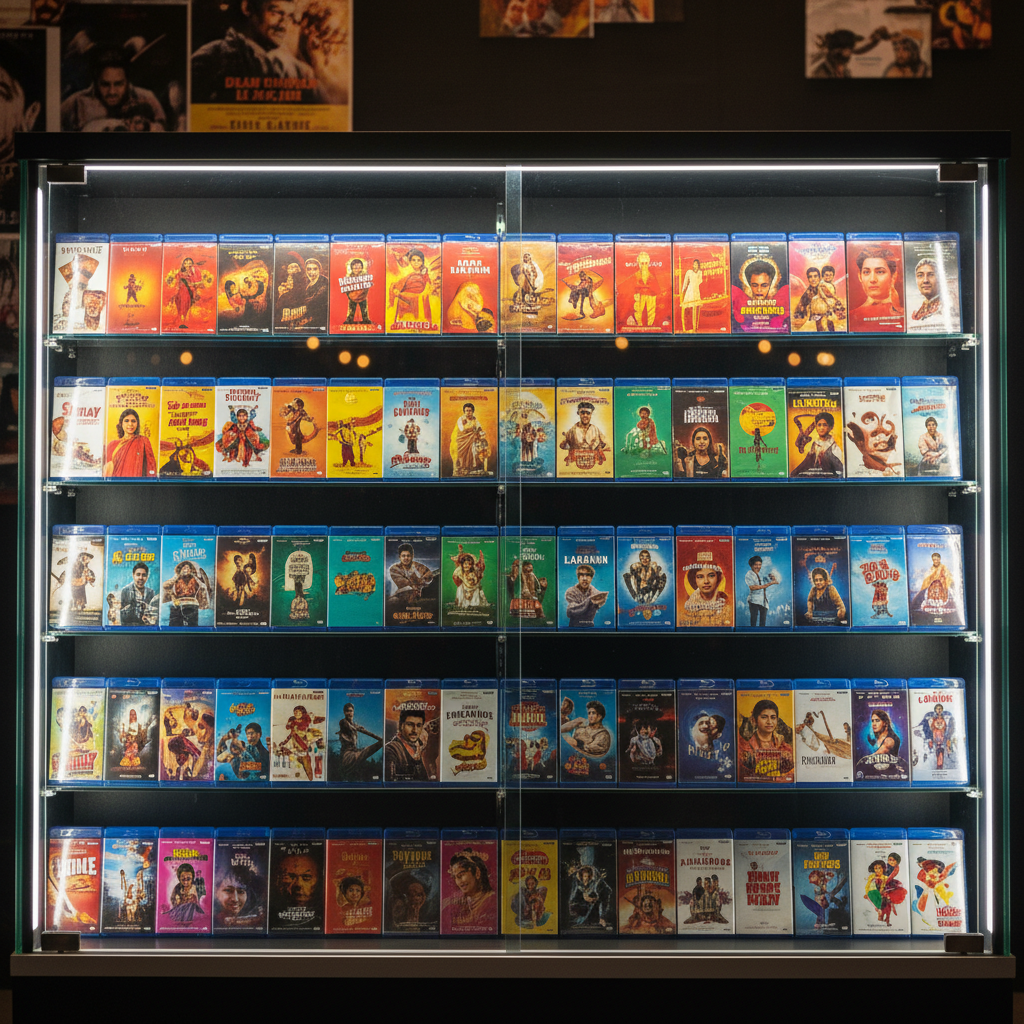 A sleek, minimalistic glass display case filled with pristine Blu-ray boxes of iconic Indian films, each cover art sharply visible, arranged in neat rows by vibrant color. The case stands against a dark, matte wall featuring a subtle, out-of-focus film poster collage. Soft, diffused studio lighting from above creates gentle reflections on the glass and crisp highlights along the case edges, while the background falls into a tasteful bokeh. Captured at eye level with a shallow depth of field in photographic realism, the composition follows the rule of thirds, evoking a professional, curated archive of Indian cinema perfect for a film review blog homepage hero image.