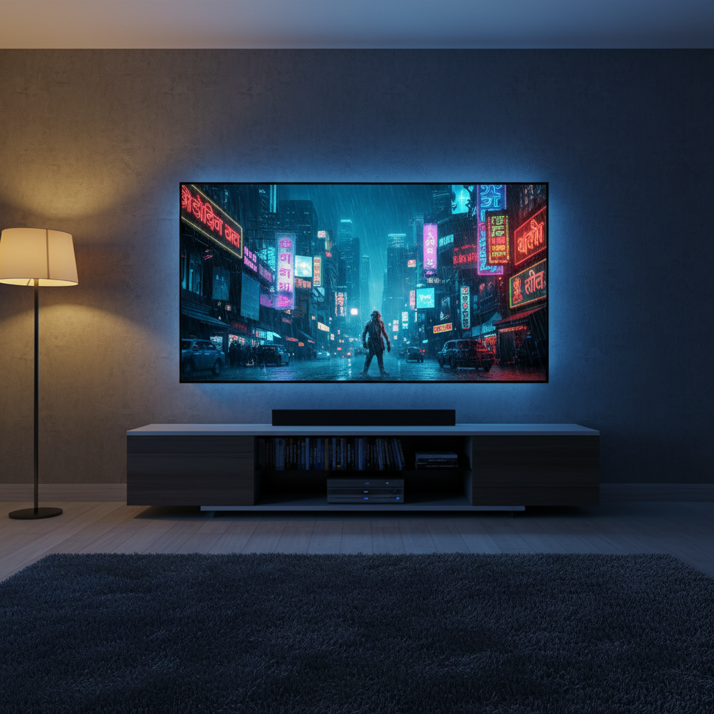 A large, ultra-high-definition flat screen mounted on a charcoal grey wall displaying a dramatic still from an Indian action film: a rain-soaked city skyline at night with neon-lit billboards in Hindi. Beneath the screen, a low, modern media console holds an organized stack of Blu-ray cases labeled with Indian movie titles and a sleek soundbar. Cool, cinematic blue lighting from the screen casts subtle reflections on the console’s glossy black surface, contrasted by a warm floor lamp in the corner. Shot from a slightly low angle in photographic realism, the composition is clean and modern, conveying an immersive, professional movie-watching environment.